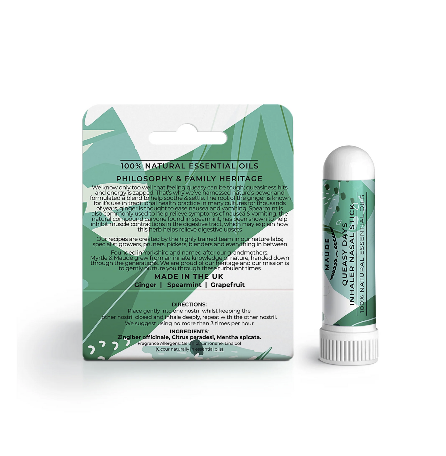 Neusinhalatie stick Myrtle & Maude met 100% natuurlijke etherische oliën om ochtendmisselijkheid en reisziekte snel te bestrijden - achterkant verpakking