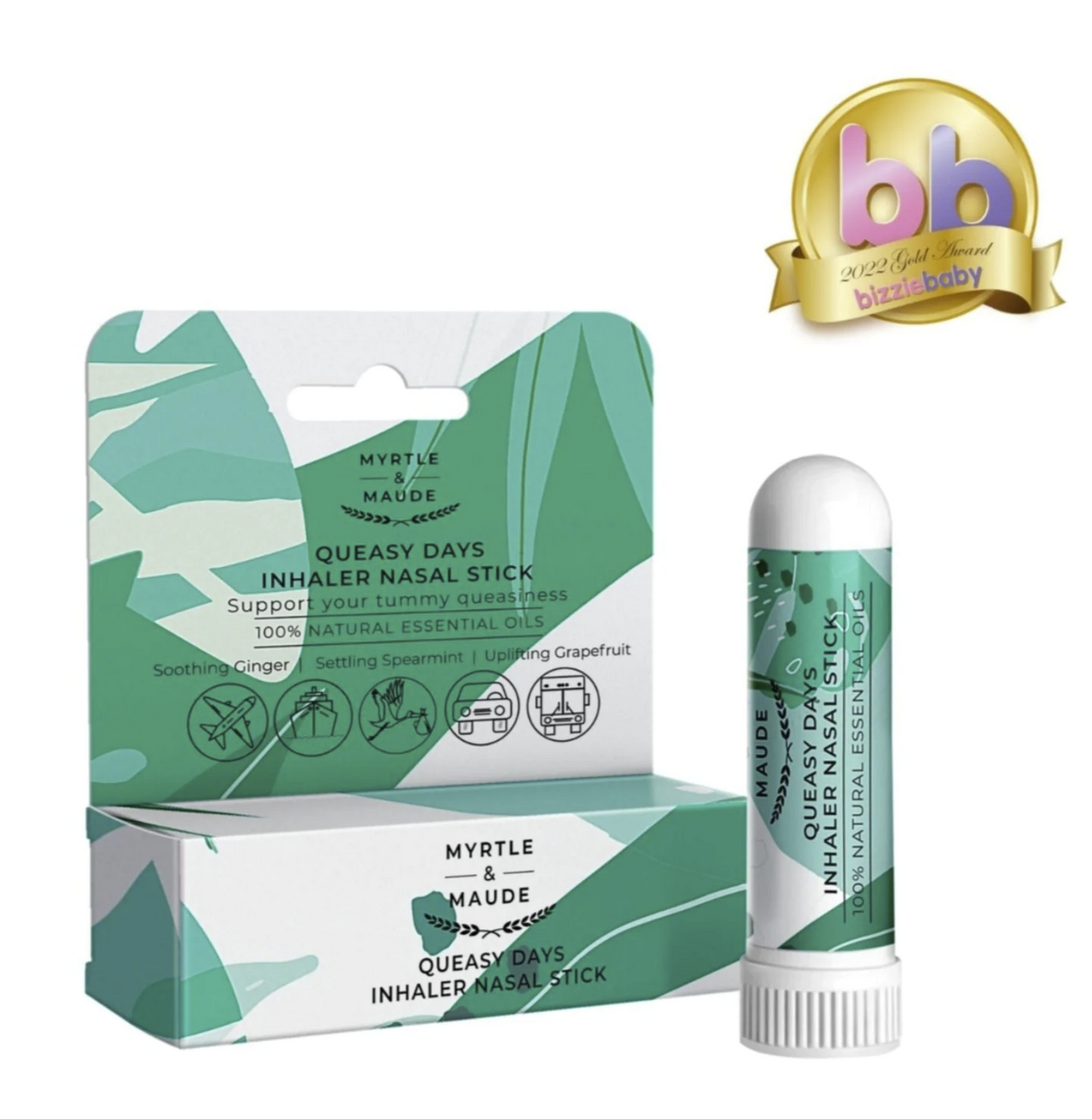 Neusinhalatie stick Myrtle & Maude met 100% natuurlijke etherische oliën om ochtendmisselijkheid en reisziekte snel te bestrijden