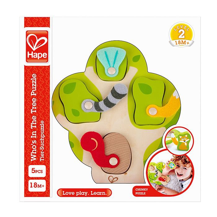 Houten puzzel van Hape in het thema van bosdieren met felle kleuren en overal opvallende tekeningen - vanaf 18M+.